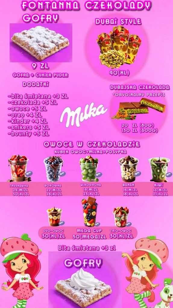 Strawberia Galeria Młociny menu - gofry, owoce w czekoladzie, Dubai Style