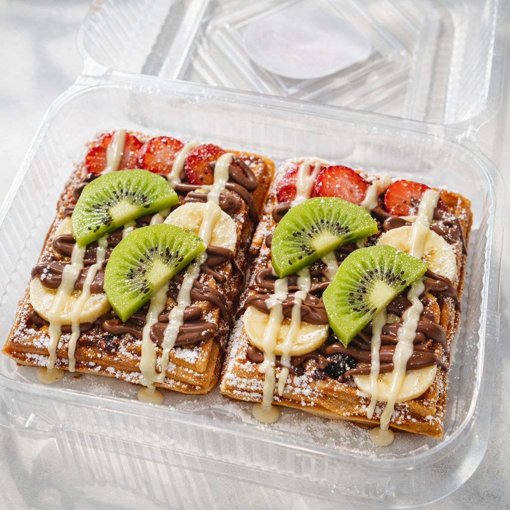 Double waffle with fruit and chocolate